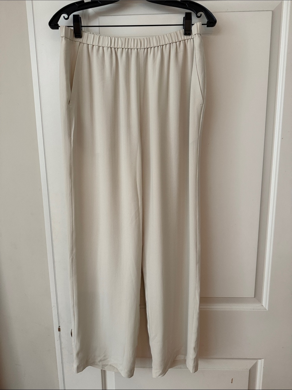 New Eileen Fisher Silk Cream Wide-Leg Elastic-Waist Pants. Small.